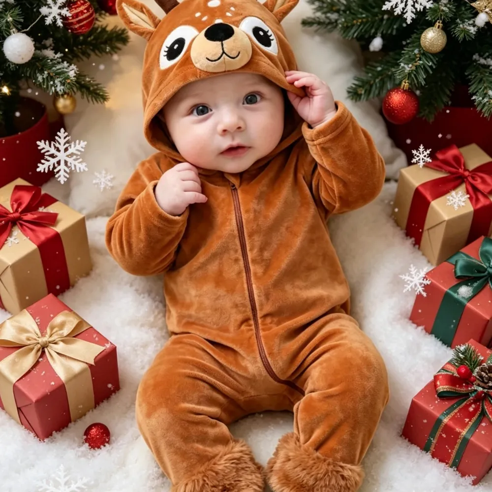 Baby in a brown reindeer romper with a hood, among Christmas gifts